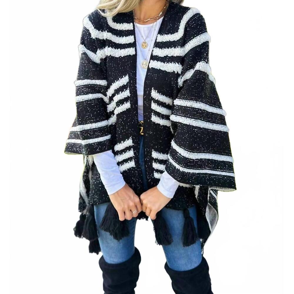 NEW AMOLI western textured pattern with chunky tassel cardigan in black